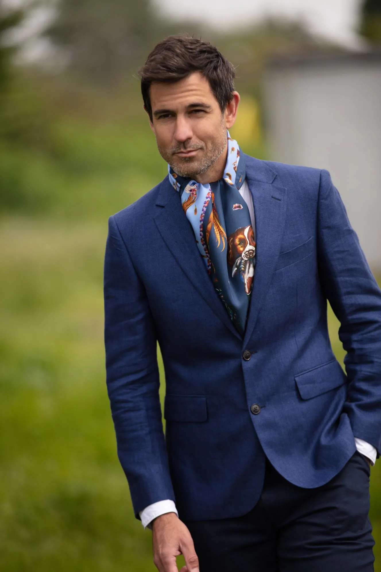 Here Come The Boys Hunting Dog Navy & Cobalt Classic Silk Scarf