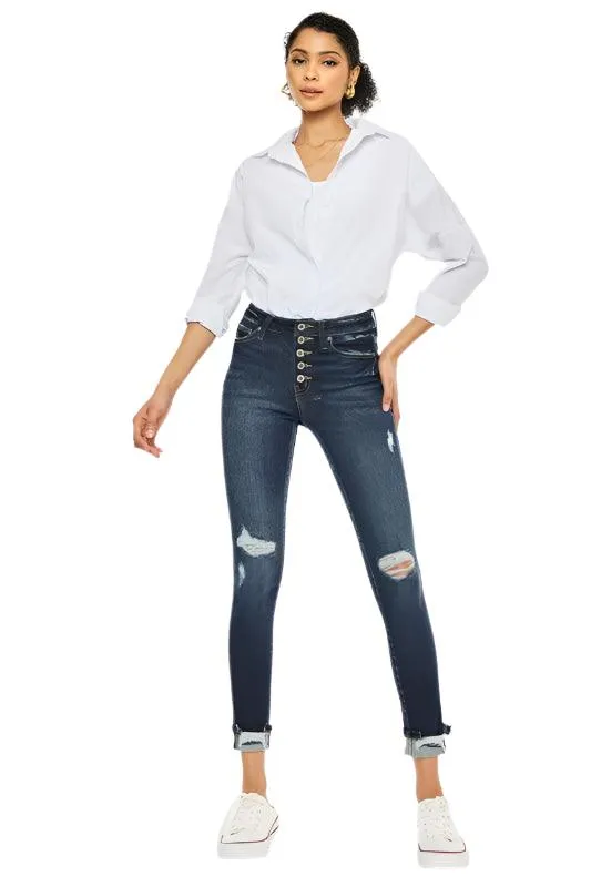 High Rise Button Down Cuffed Ankle Skinny Jeans