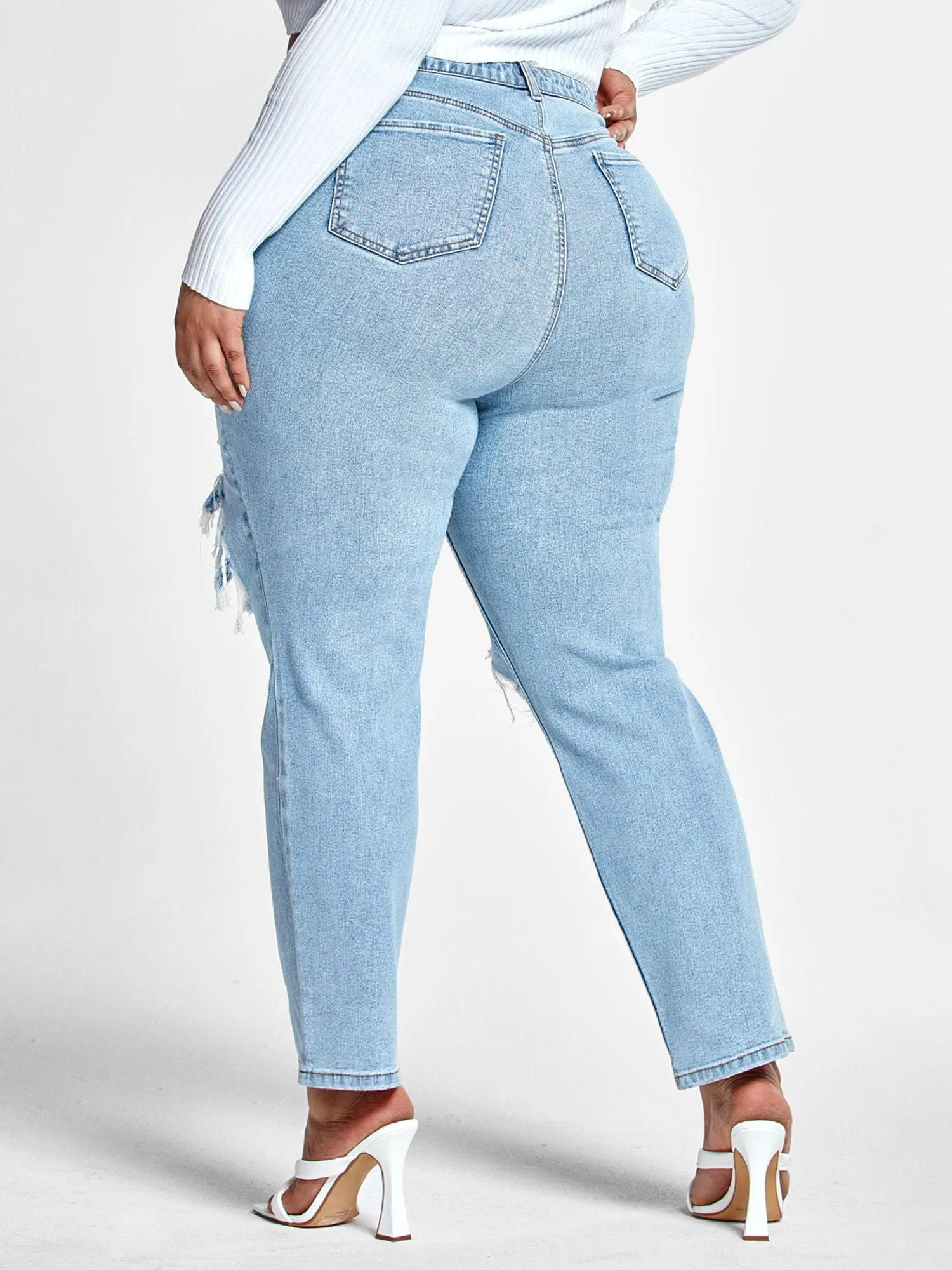 High Rise Straight Leg Jeans with Cutouts