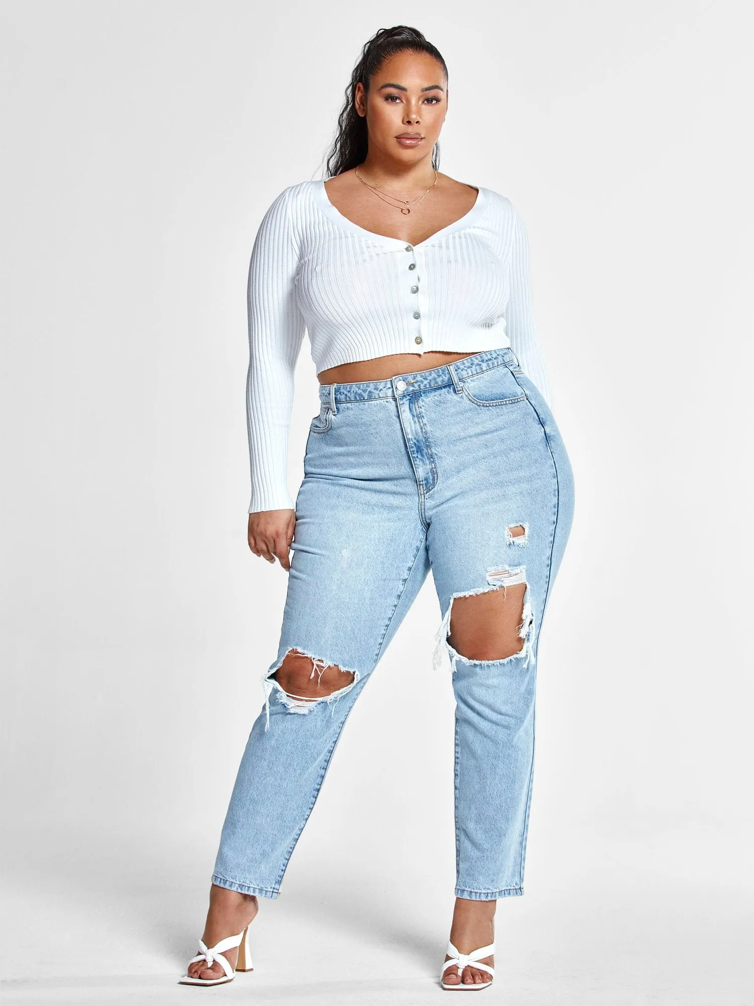 High Rise Straight Leg Jeans with Cutouts