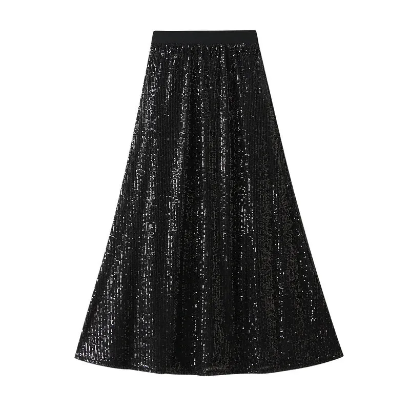 High Waist Sequined Midi Length Skirt  763