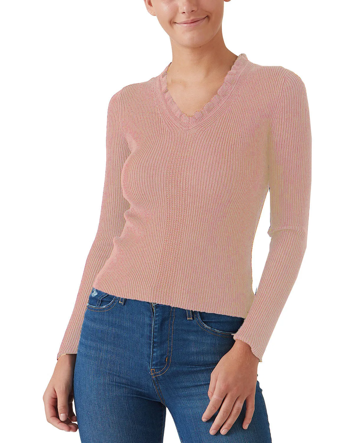 Hooked Up Juniors' Ruffled V-Neck Sweater Pink - Size Large