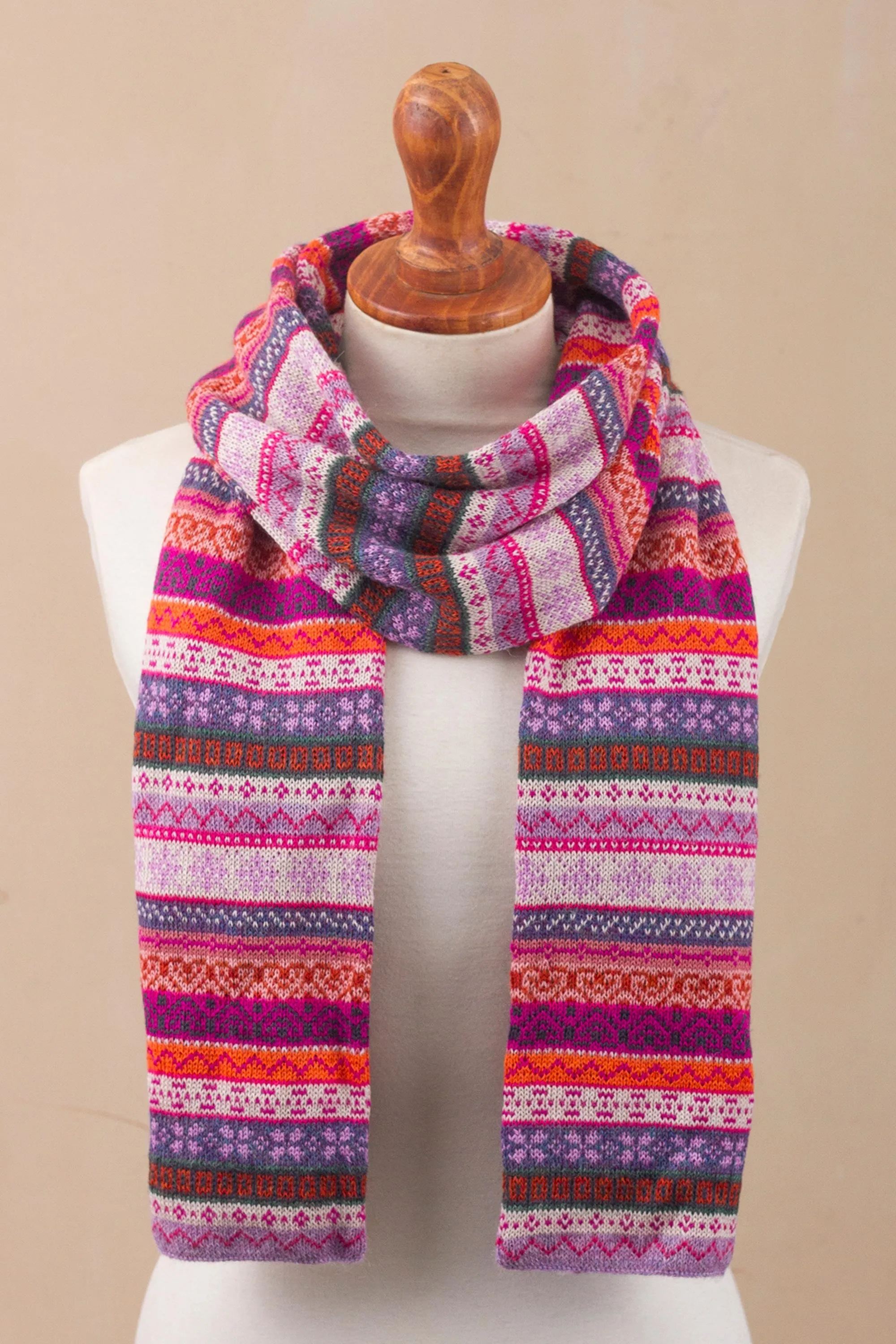 Inca Blooms Lilac and Fuchsia and White 100% Alpaca Knit Scarf