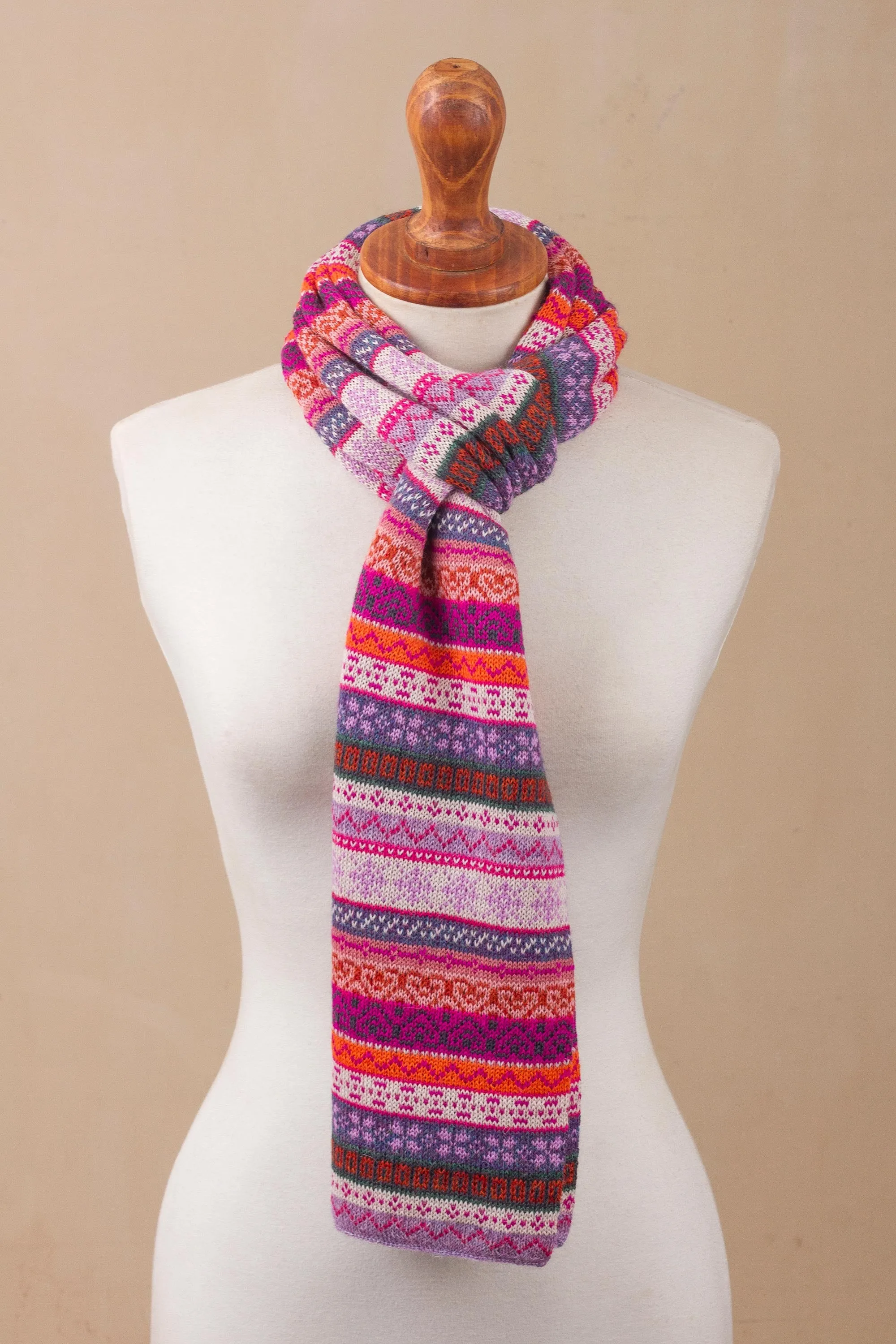 Inca Blooms Lilac and Fuchsia and White 100% Alpaca Knit Scarf