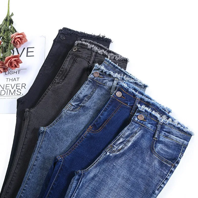 Joskaa Elastic Skinny Jeans Woman Fashion High Waist Pencil Pants Denim Tassel 2020 New Solid Wash Fashion Slim Jeans Black Stretch