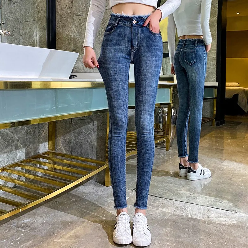 Joskaa Elastic Skinny Jeans Woman Fashion High Waist Pencil Pants Denim Tassel 2020 New Solid Wash Fashion Slim Jeans Black Stretch