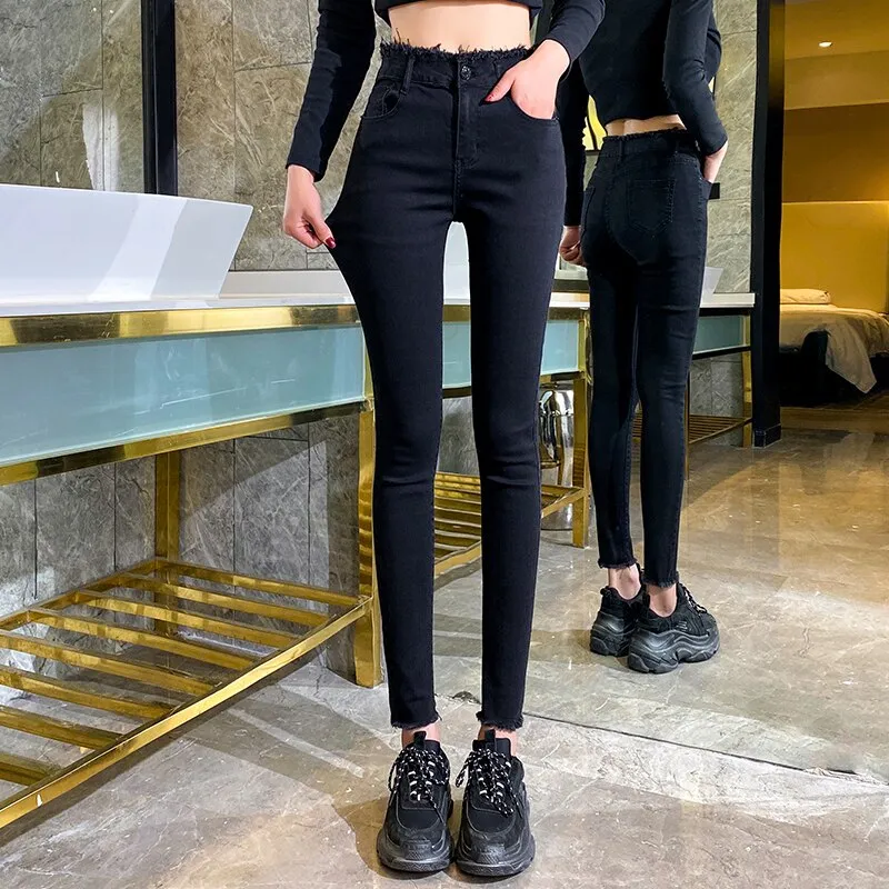 Joskaa Elastic Skinny Jeans Woman Fashion High Waist Pencil Pants Denim Tassel 2020 New Solid Wash Fashion Slim Jeans Black Stretch