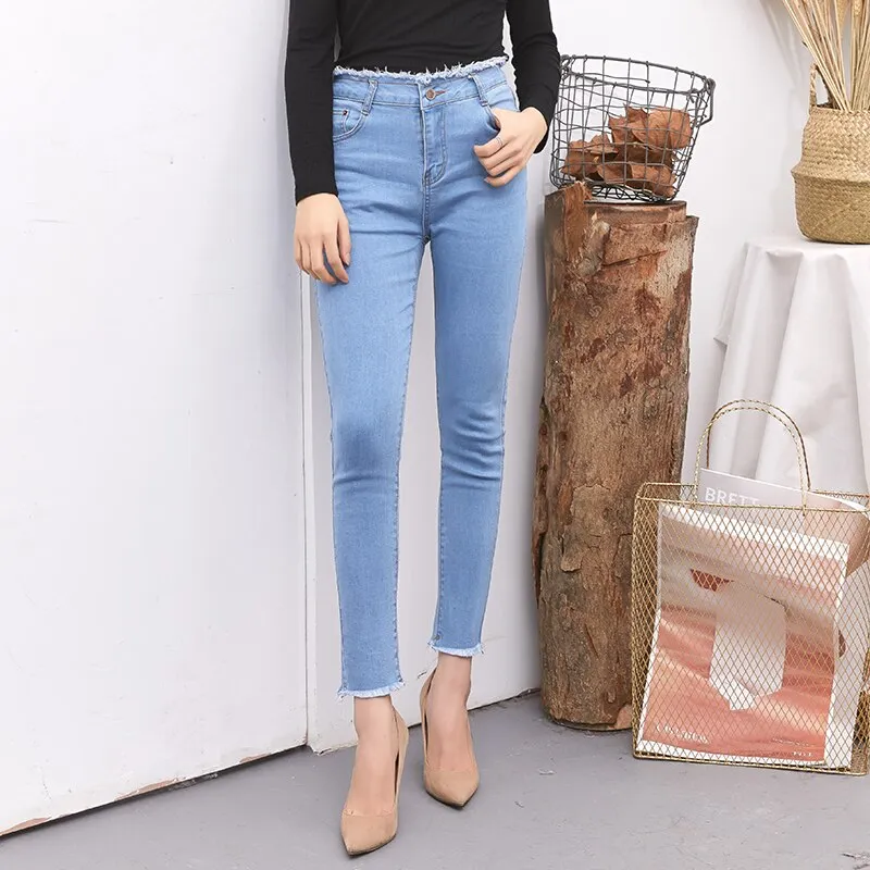 Joskaa Elastic Skinny Jeans Woman Fashion High Waist Pencil Pants Denim Tassel 2020 New Solid Wash Fashion Slim Jeans Black Stretch