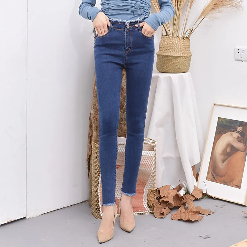 Joskaa Elastic Skinny Jeans Woman Fashion High Waist Pencil Pants Denim Tassel 2020 New Solid Wash Fashion Slim Jeans Black Stretch