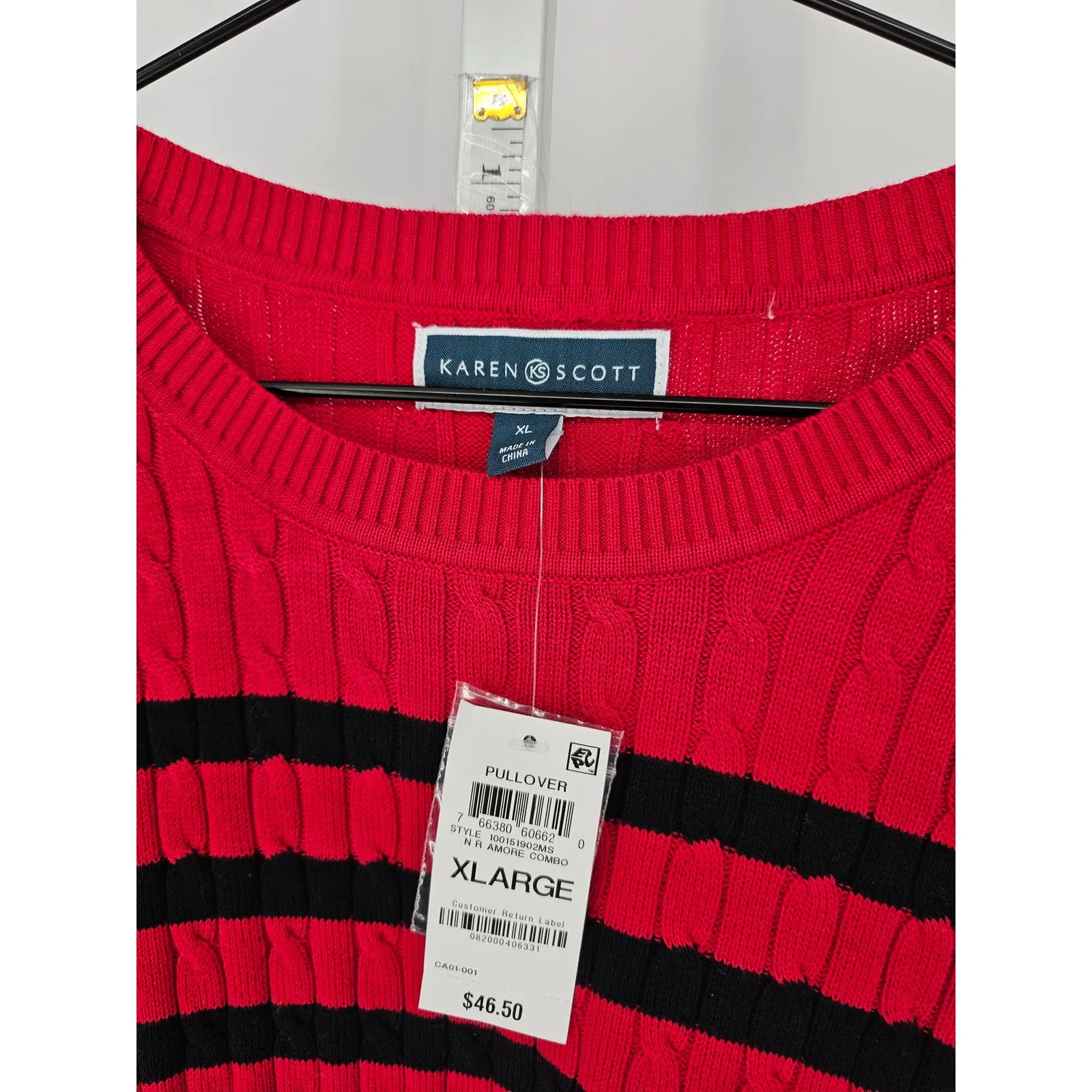 Karen Scott Womens Sz XL Pullover Sweater Red Black Stripe Cableknit NEW