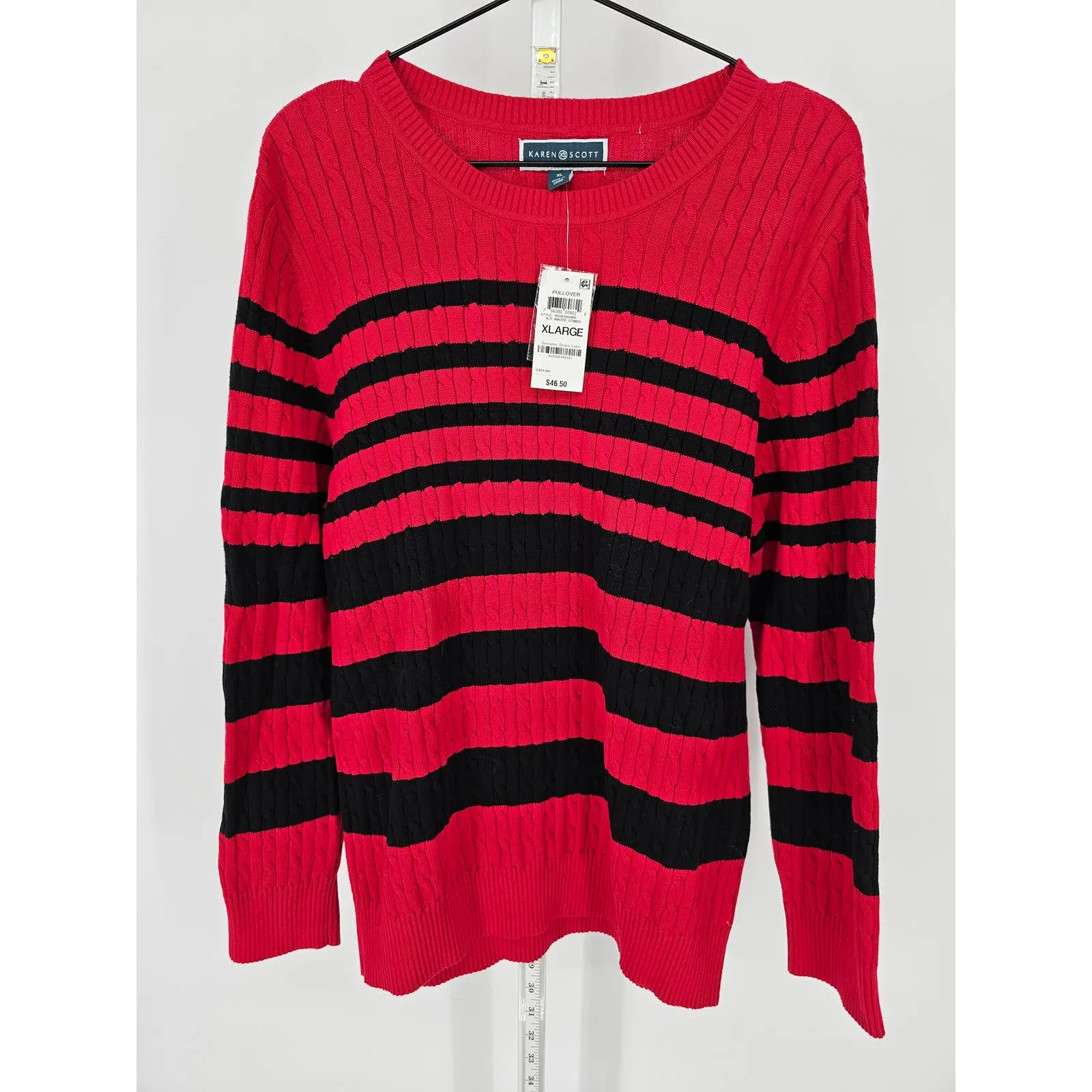 Karen Scott Womens Sz XL Pullover Sweater Red Black Stripe Cableknit NEW