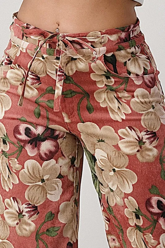 LIGHT WEIGHT CORDUROY FLORAL WIDE LEG PANTS