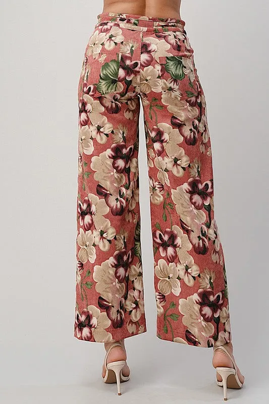 LIGHT WEIGHT CORDUROY FLORAL WIDE LEG PANTS