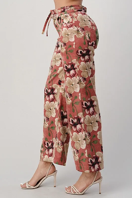 LIGHT WEIGHT CORDUROY FLORAL WIDE LEG PANTS