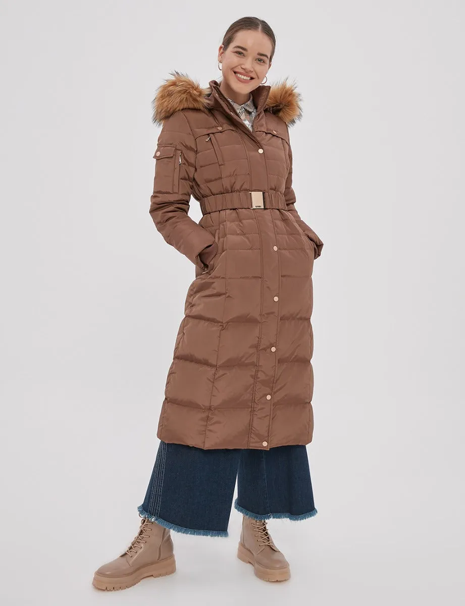 Long Goose Down Coat With Furry A20 27003 Camel