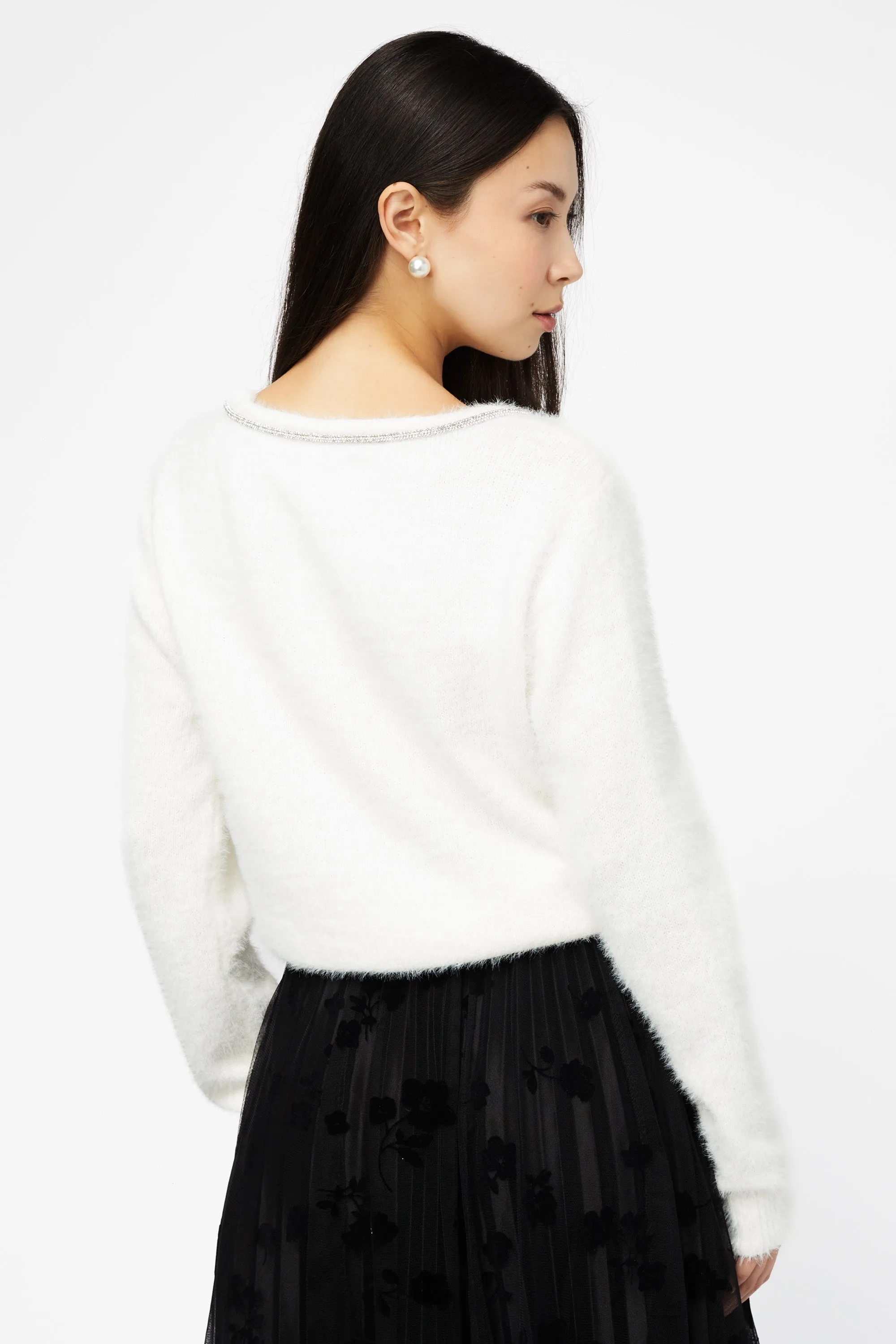 Lydia Rhinestone Bow Trim Fuzzy Sweater