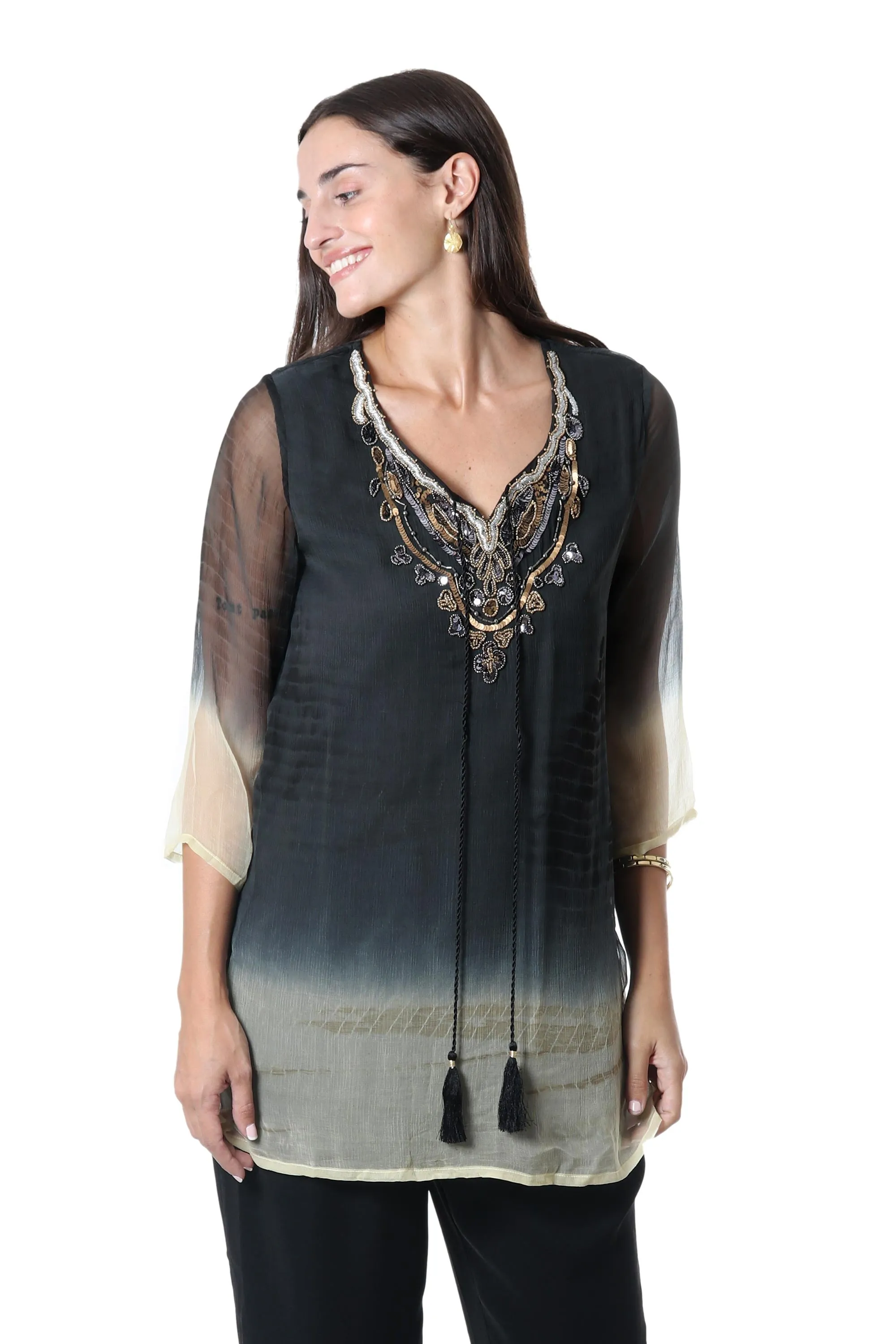 Magical Glamour Tie-Dyed Viscose Tunic with Glass Bead Detail