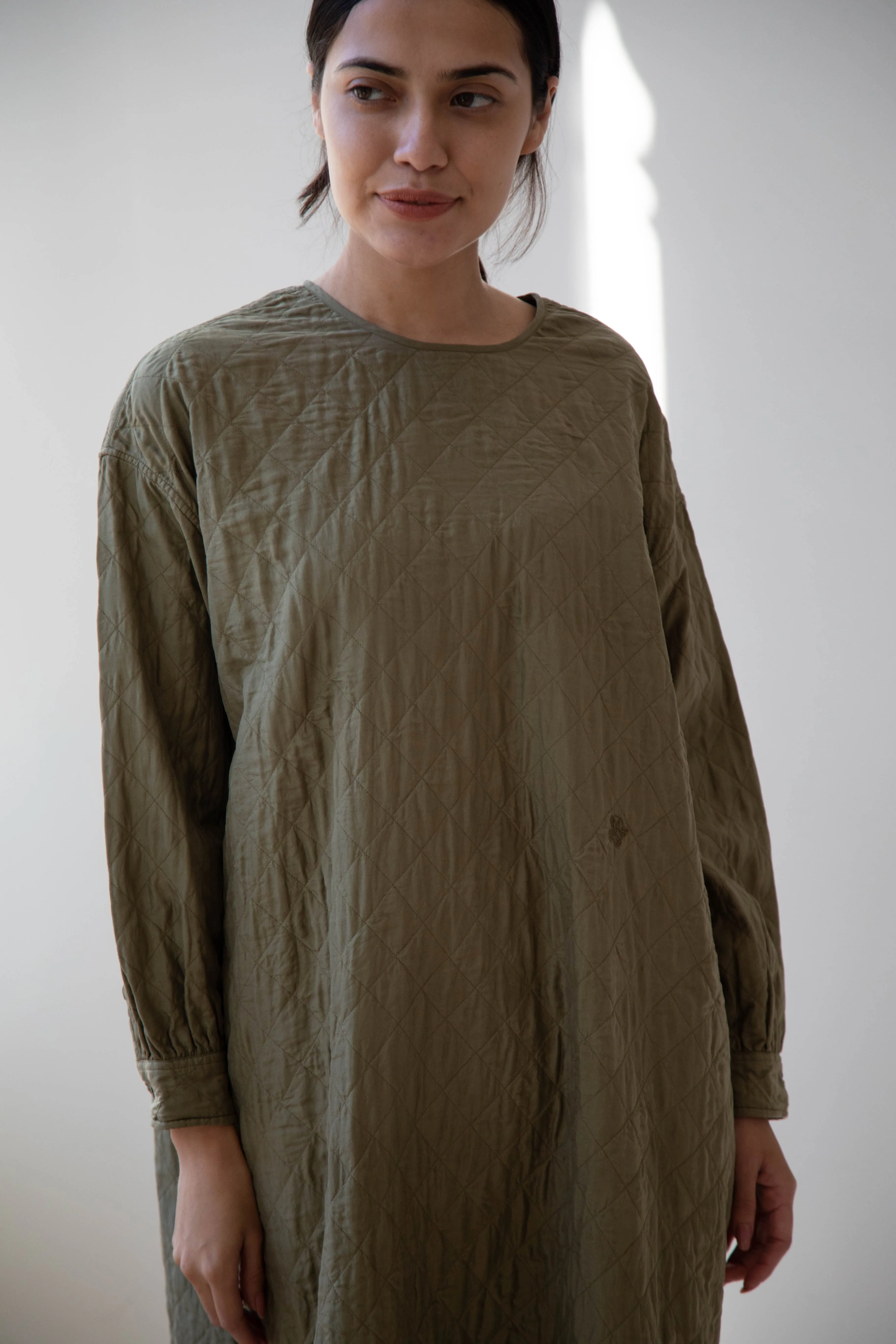 Maison de Soil Silk Crewneck Tunic Dress in Olive