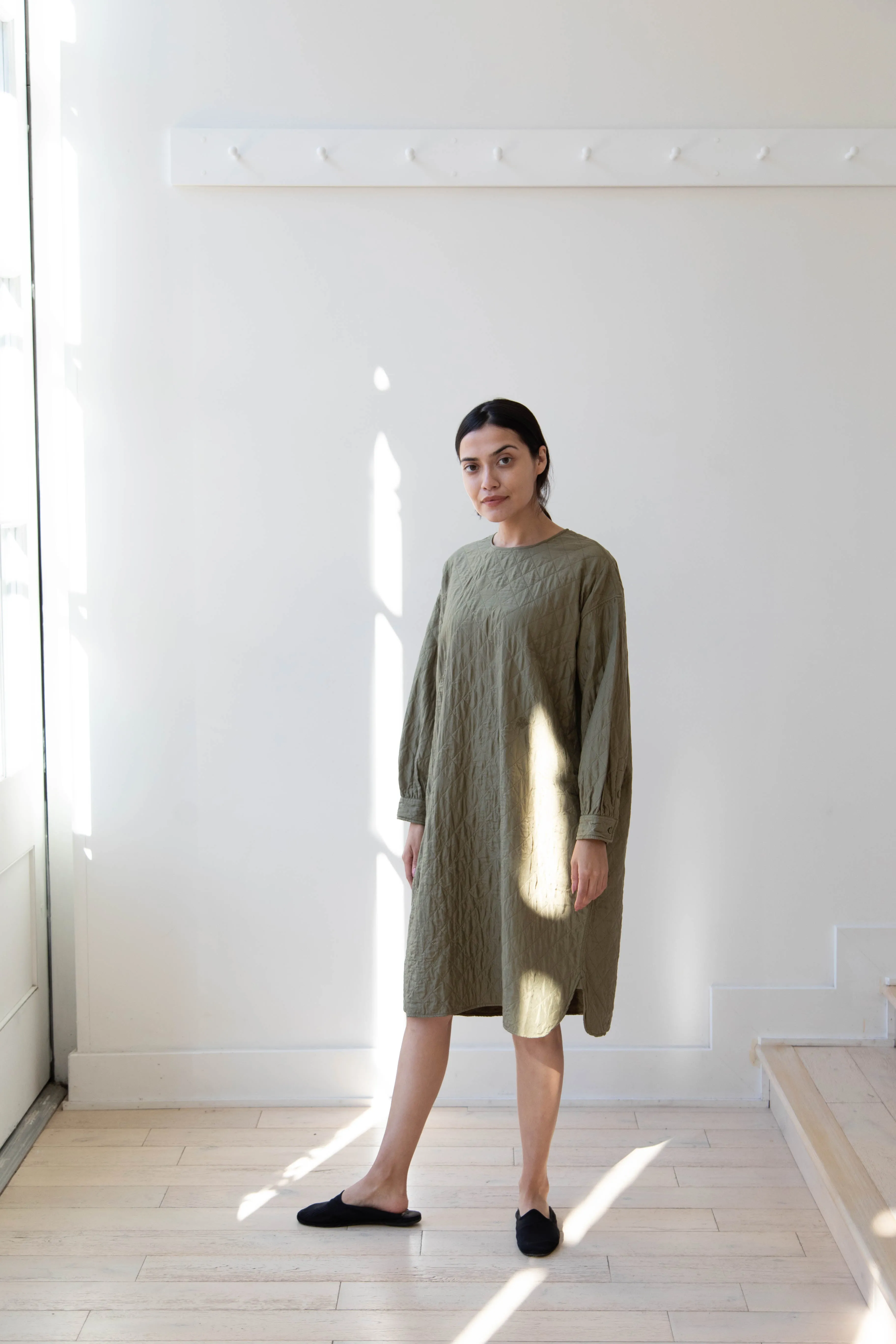 Maison de Soil Silk Crewneck Tunic Dress in Olive