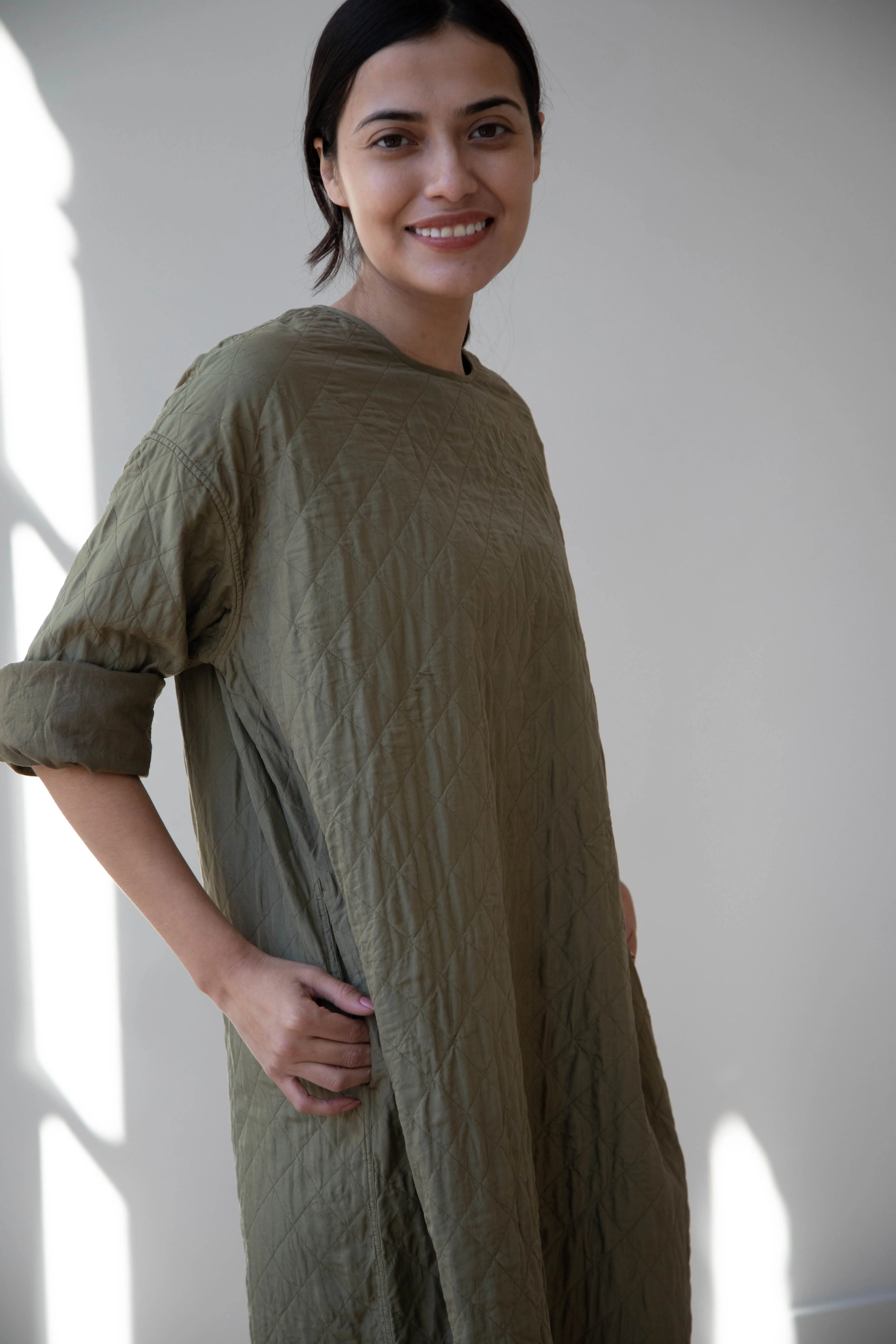 Maison de Soil Silk Crewneck Tunic Dress in Olive