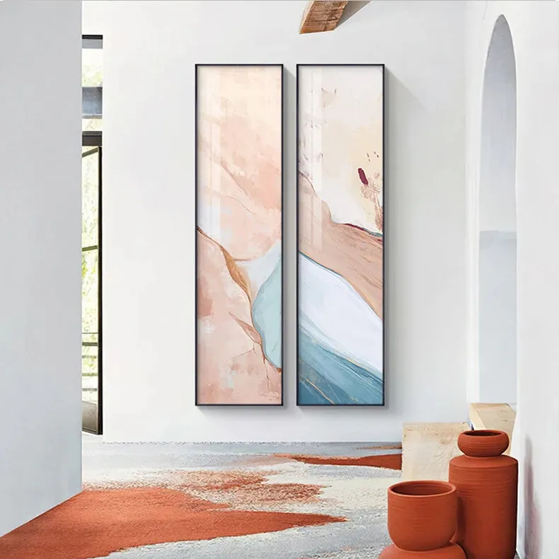 Marble Print Abstract Vertical Format Wall Art Blue Pastel Pink Pictures For Modern Living Room Bedroom Entrance Hall Wall Decor