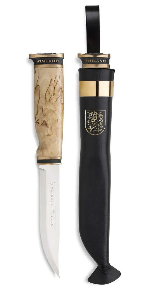 Marttiini 11cm Stainless Steel Suomi Knife (Waxed Curly Birch & Bronze Ferrules With Black Leather Sheath)