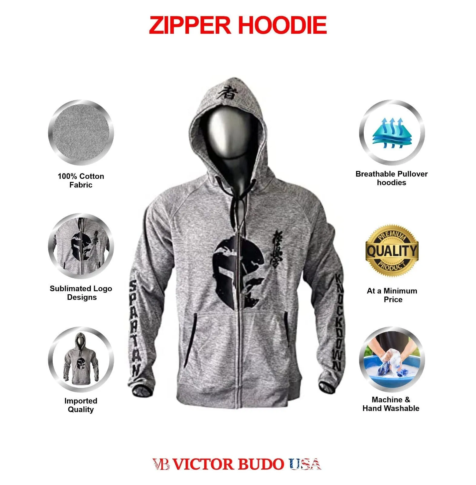 MEN SPARTAN FULL ZIPPER HOODIE GREY COLOR