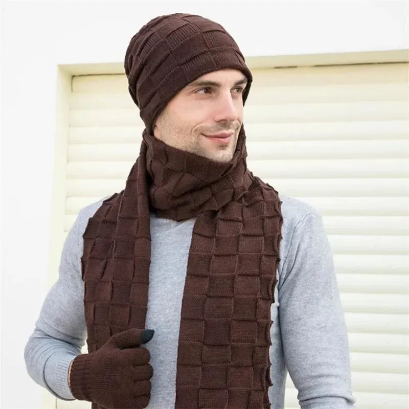 Men's Knitted Long Scarf Hat Gloves 3-Piece Set - Warm Winter Accessories