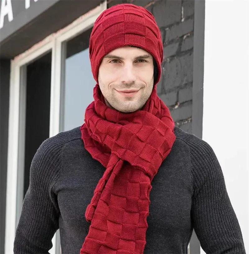 Men's Knitted Long Scarf Hat Gloves 3-Piece Set - Warm Winter Accessories