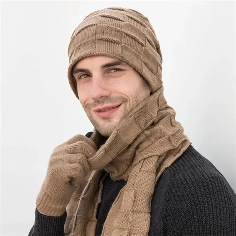 Men's Knitted Long Scarf Hat Gloves 3-Piece Set - Warm Winter Accessories