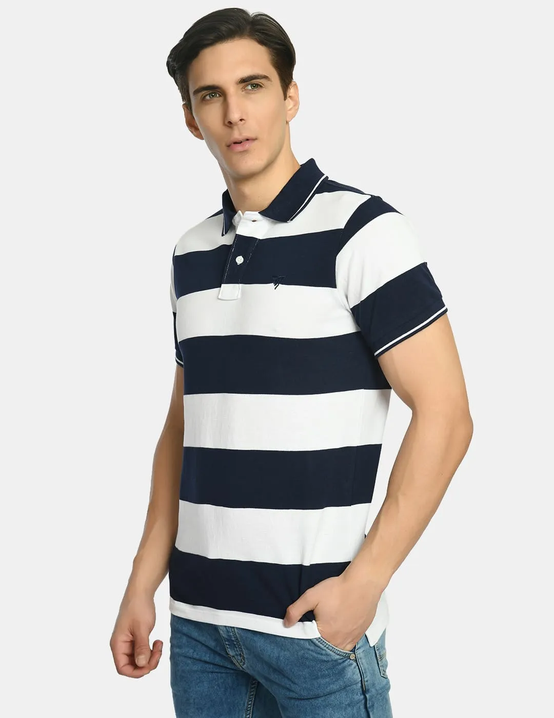 Men's Striped Nevy White Polo T-Shirt