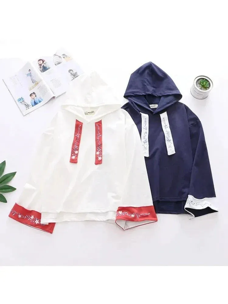 Metaversmall White Floral Embroidery Flare Sleeve Hooded Sweatshirts Summer Sweet Style Drawstring Female Harajuku Cotton Hoodies Top