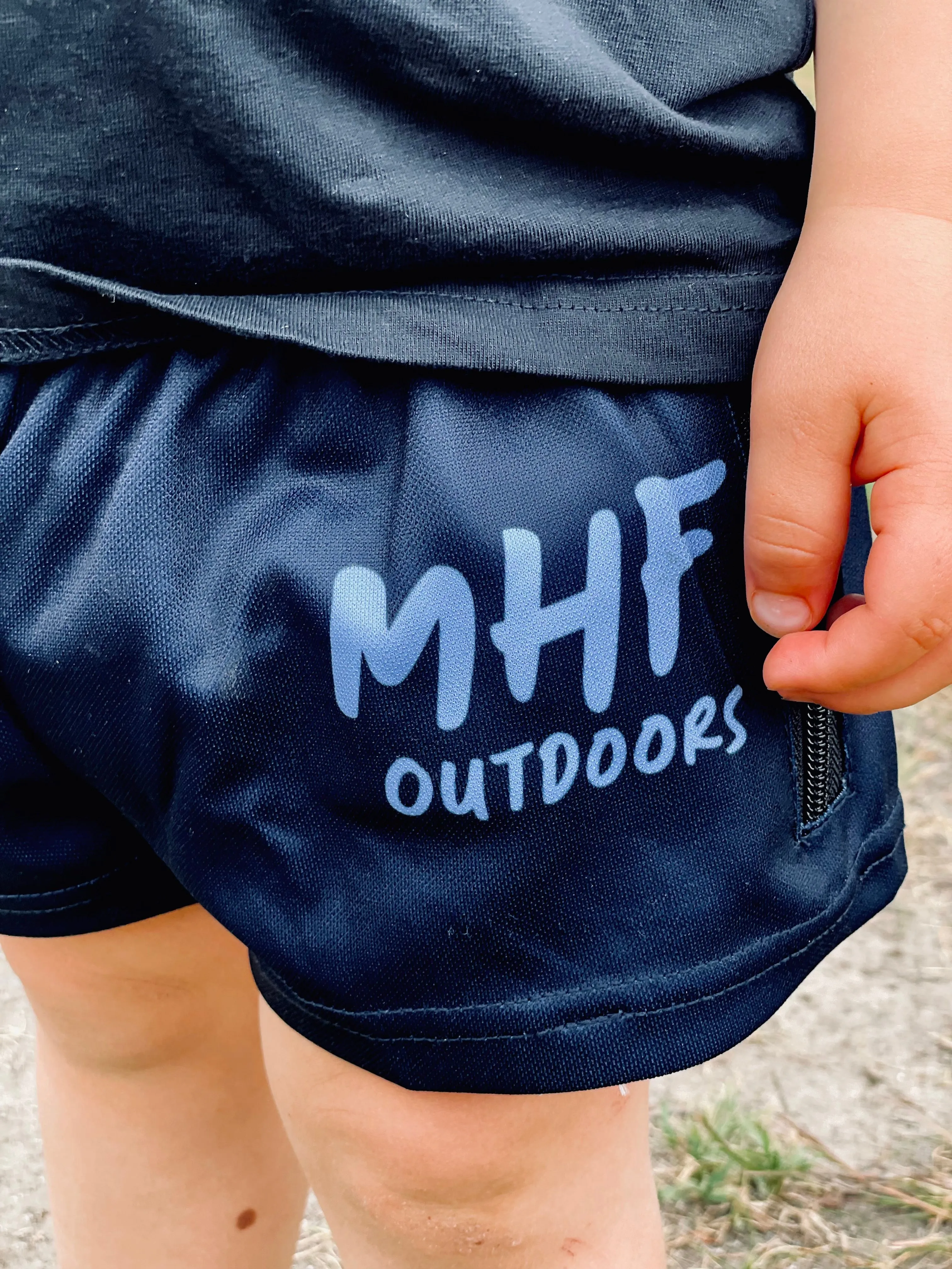 MHF Outdoors Kids Navy Footy Shorts - Side Zip Pockets