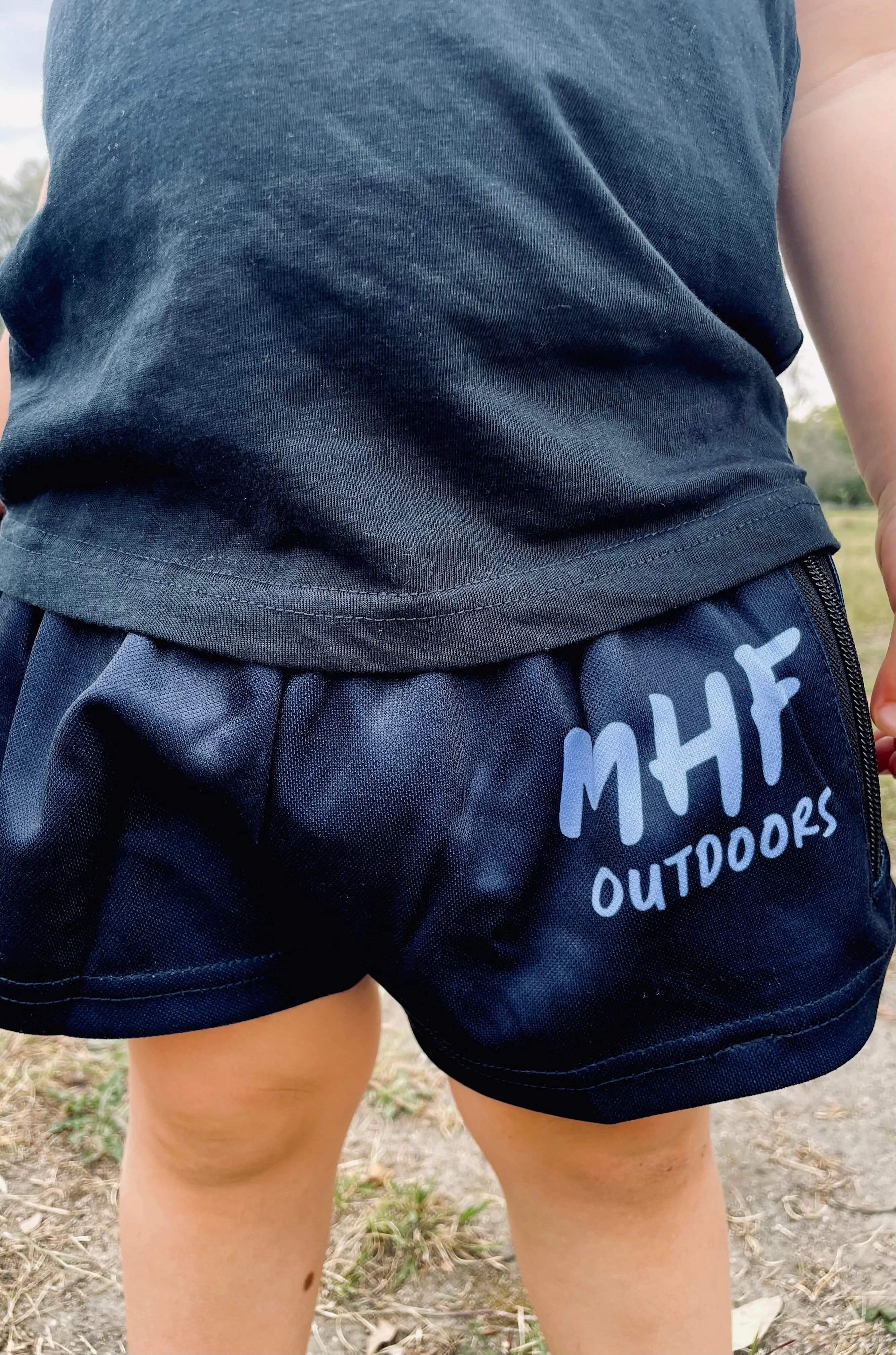 MHF Outdoors Kids Navy Footy Shorts - Side Zip Pockets