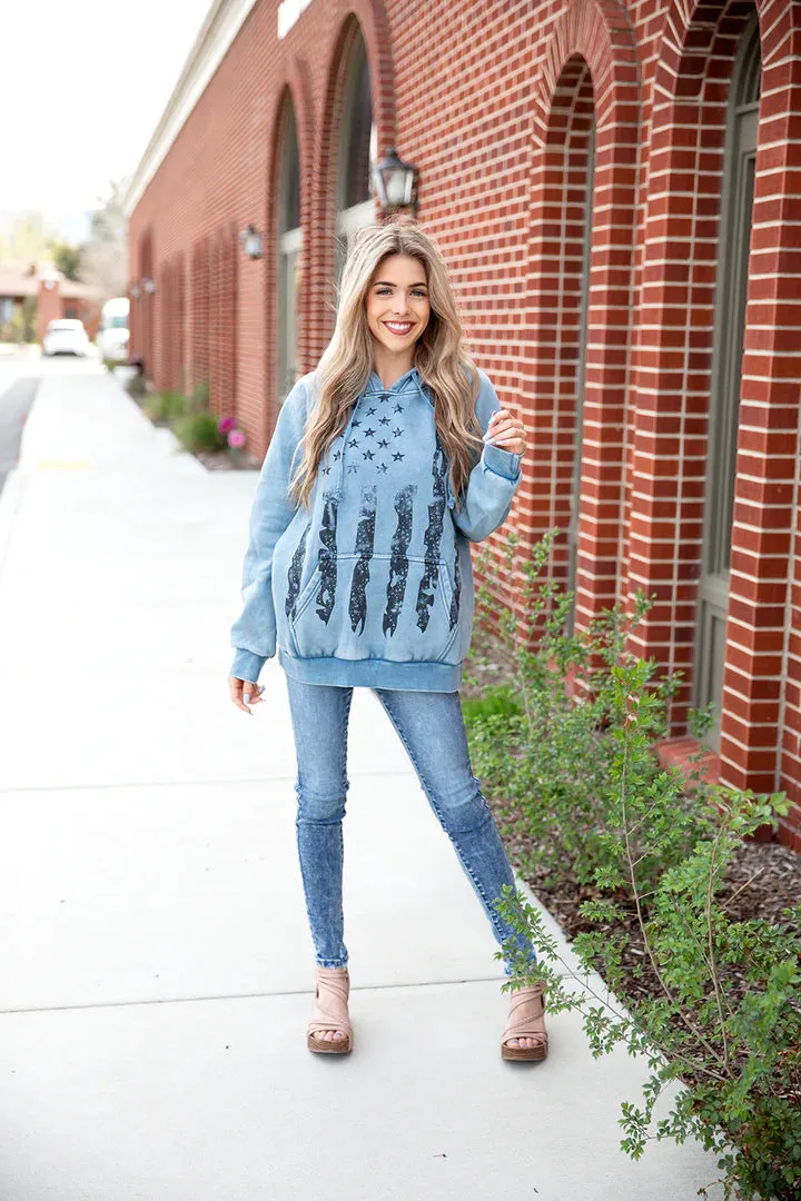 Mineral Washed American Flag Print Hoodie