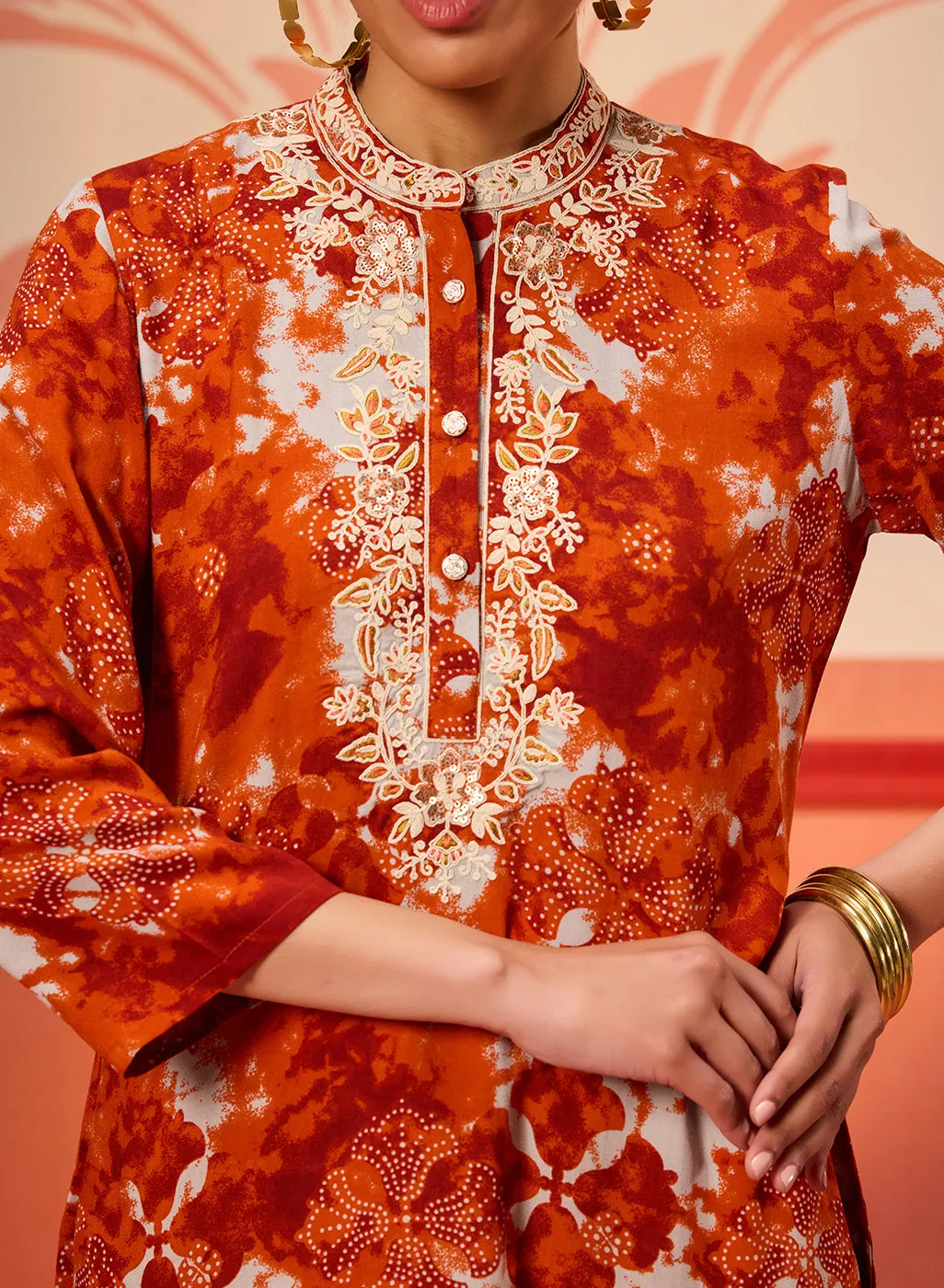 Nisar Pumpkin Orange Viscose Rayon Printed Tunic for Women