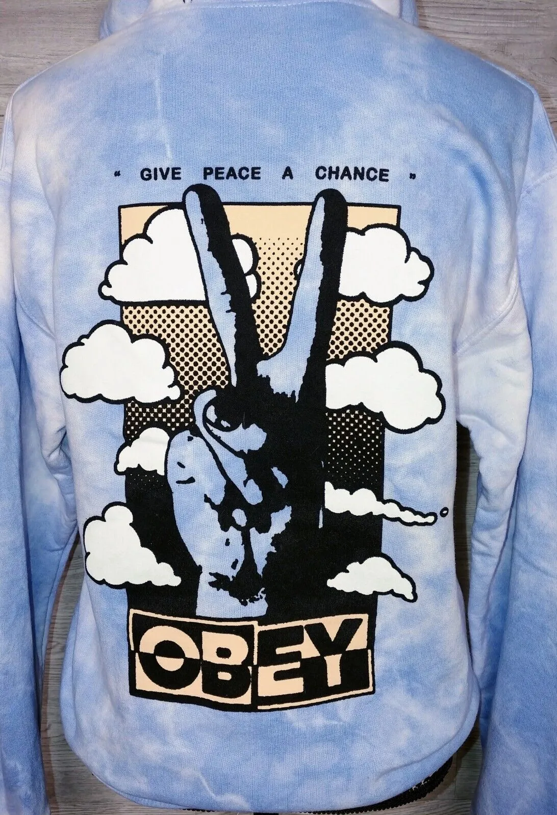 OBEY Zumiez Preloved Blue & White 'Give Peace a Chance' Tie Dye Pullover Hoodie Size XS