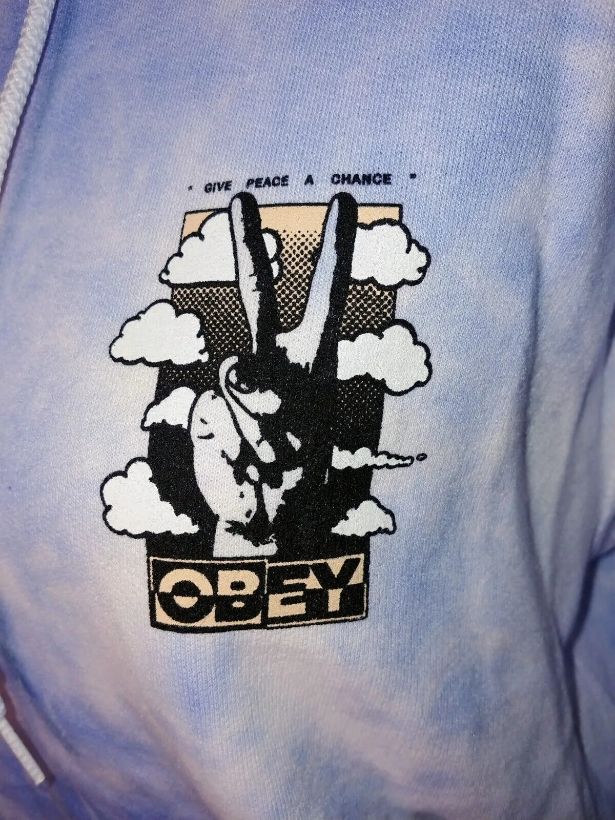 OBEY Zumiez Preloved Blue & White 'Give Peace a Chance' Tie Dye Pullover Hoodie Size XS