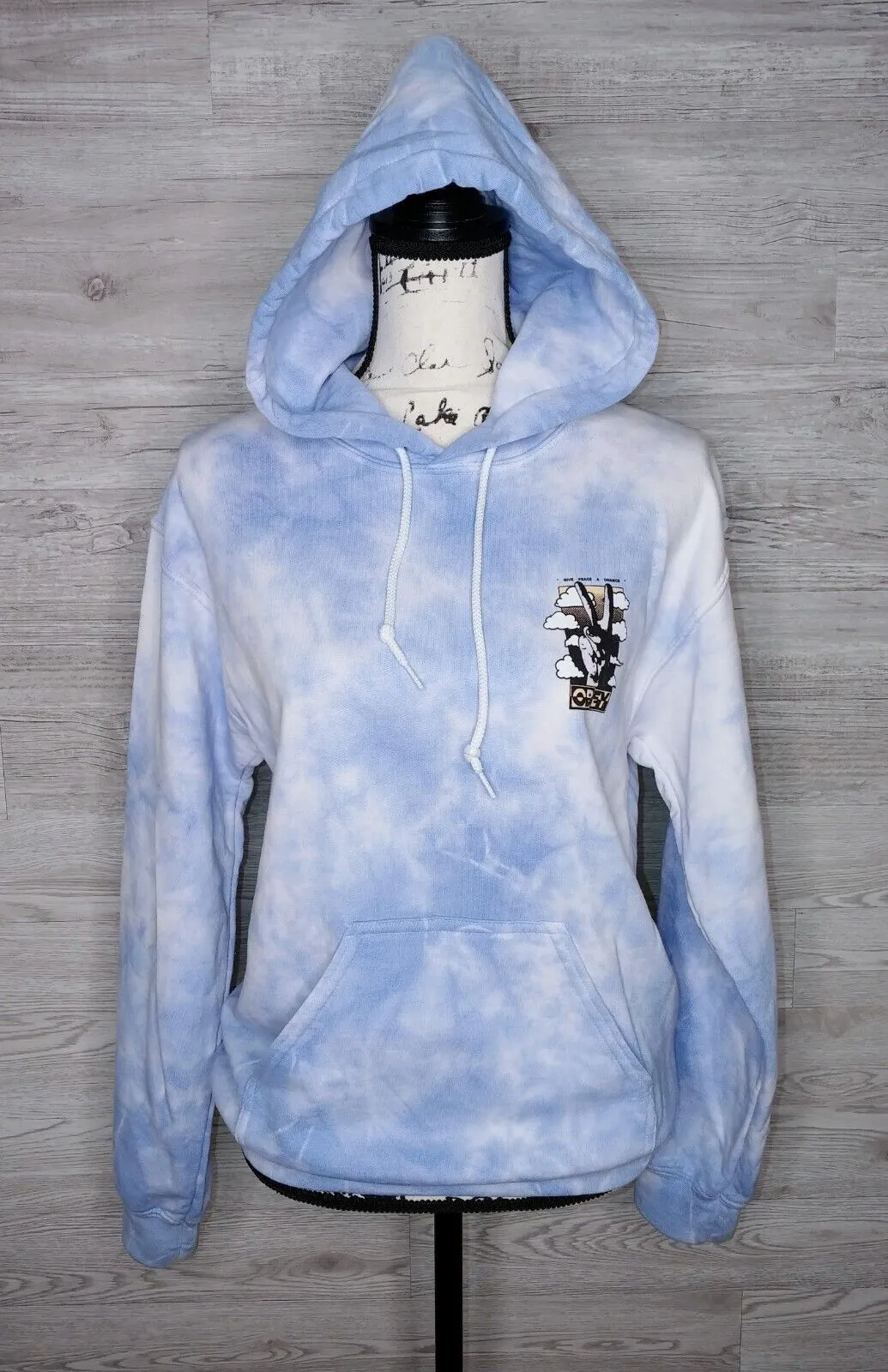 OBEY Zumiez Preloved Blue & White 'Give Peace a Chance' Tie Dye Pullover Hoodie Size XS