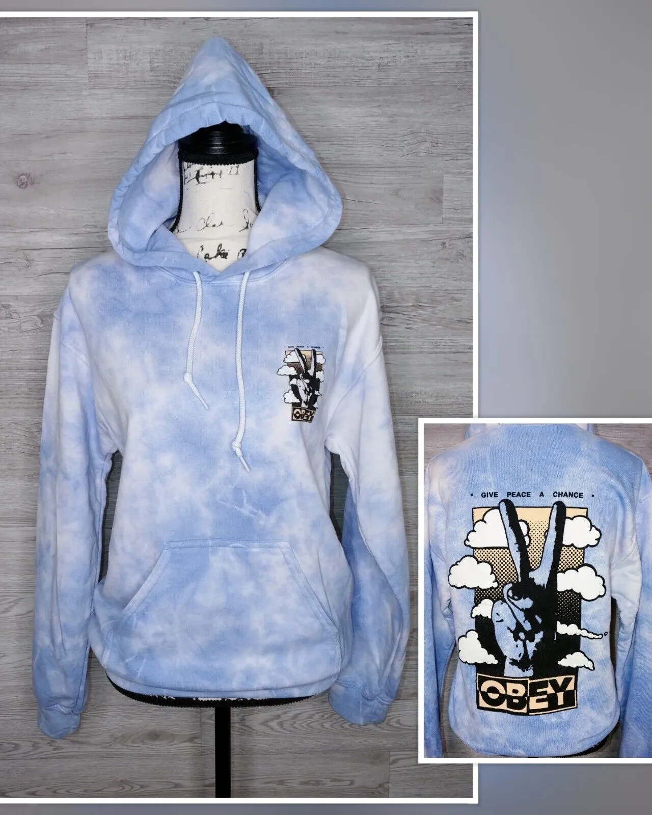 OBEY Zumiez Preloved Blue & White 'Give Peace a Chance' Tie Dye Pullover Hoodie Size XS