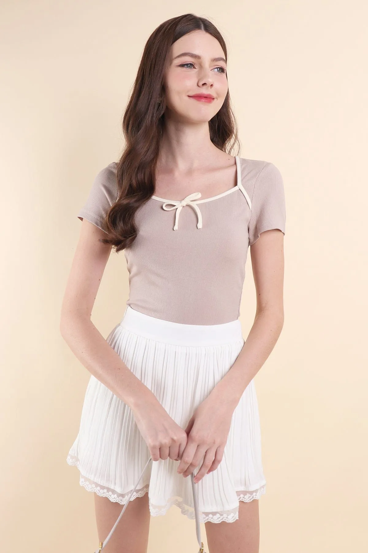 OLLIE RIBBON RIBBED TOP IN FRENCH TAUPE