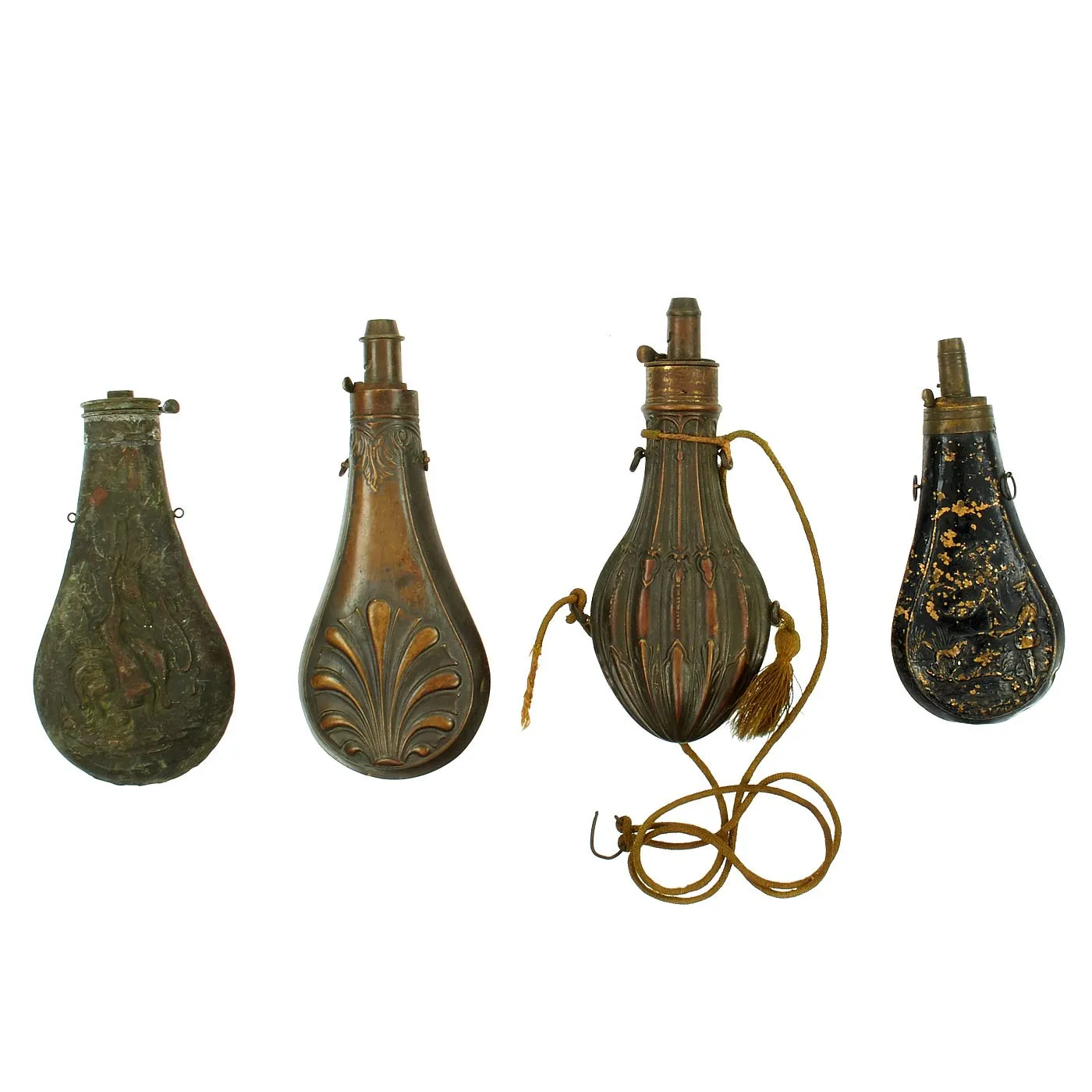 Original British 19th Century Brass Powder Flasks - Set of 4