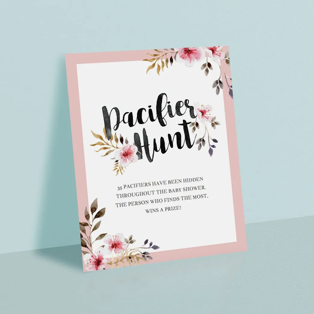 Pacifier Hunt Sign with Blush Flowers Editable PDF Template