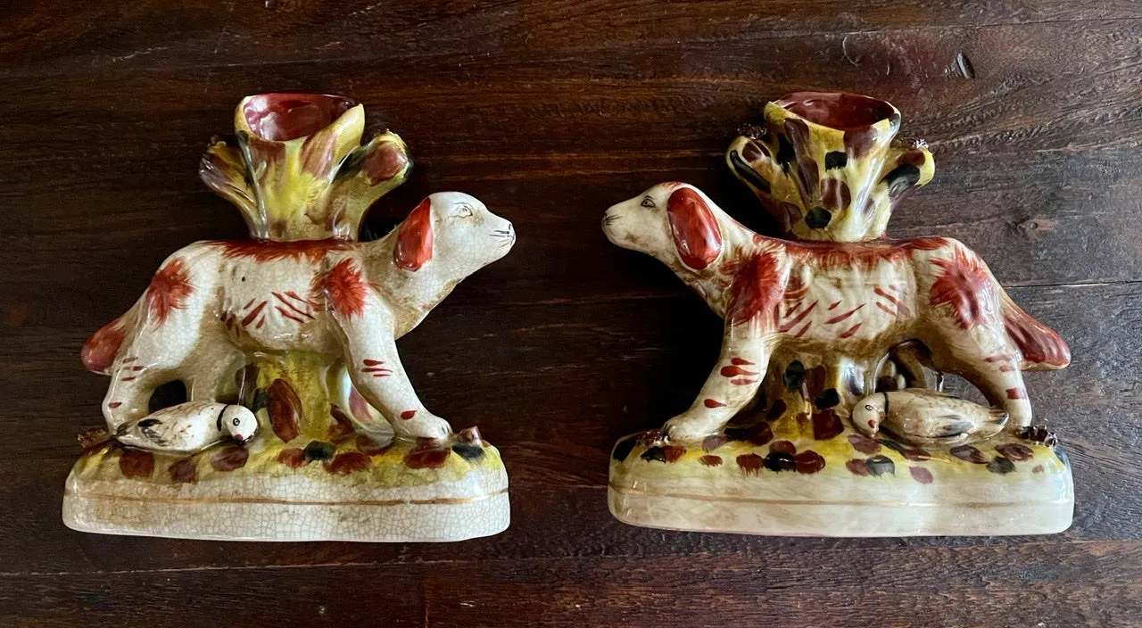 Pair of Larger Vintage / Antique Staffordshire Hunt Dog Spill Vases w/ Pheasants