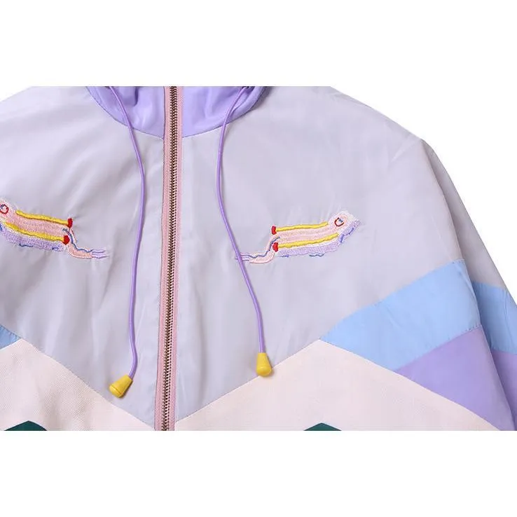 Pastel Colors Patches Lines Hood Rain Coat