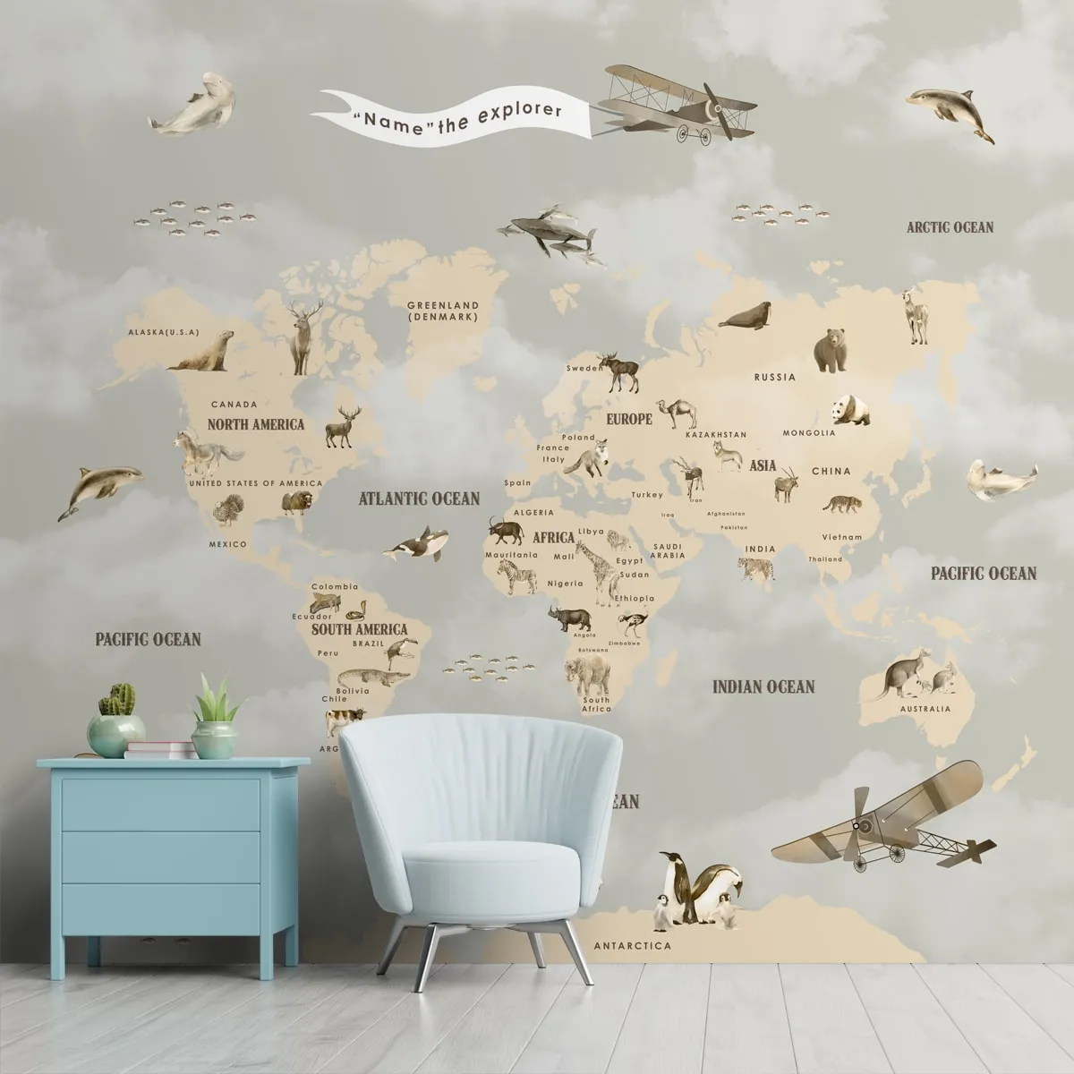 Pastel Premium Kids Room Full Wall World Map Wallpaper