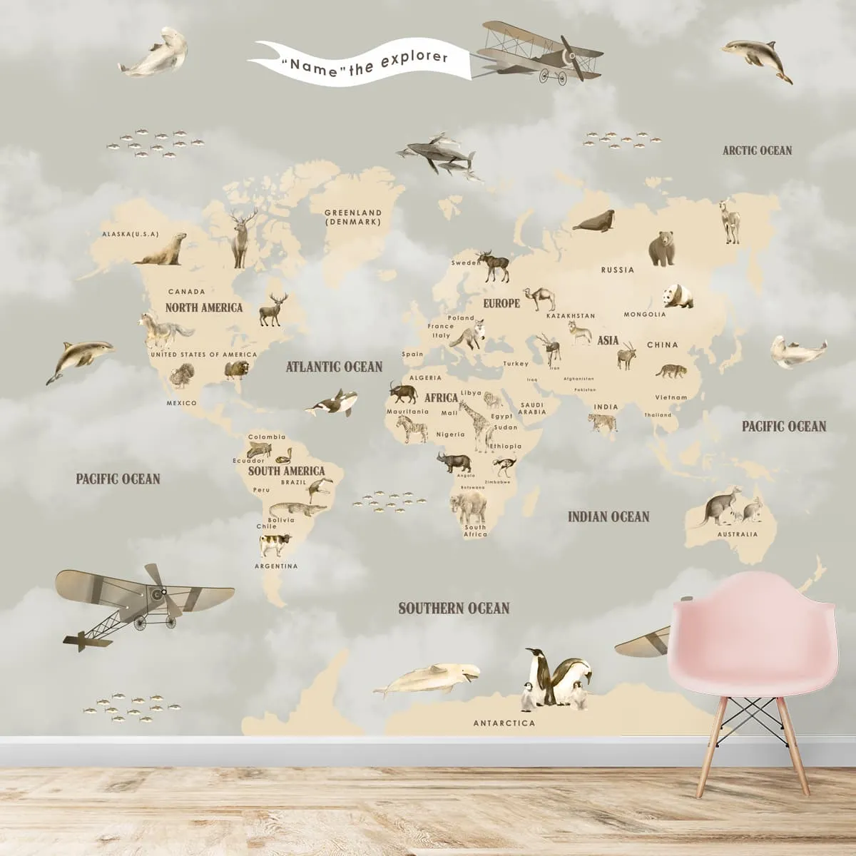 Pastel Premium Kids Room Full Wall World Map Wallpaper