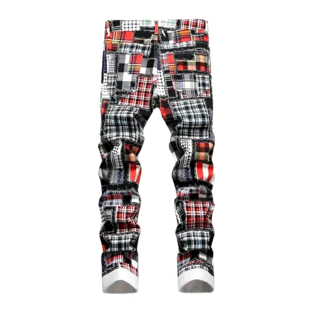 Patchwork-print mid-waist jeans