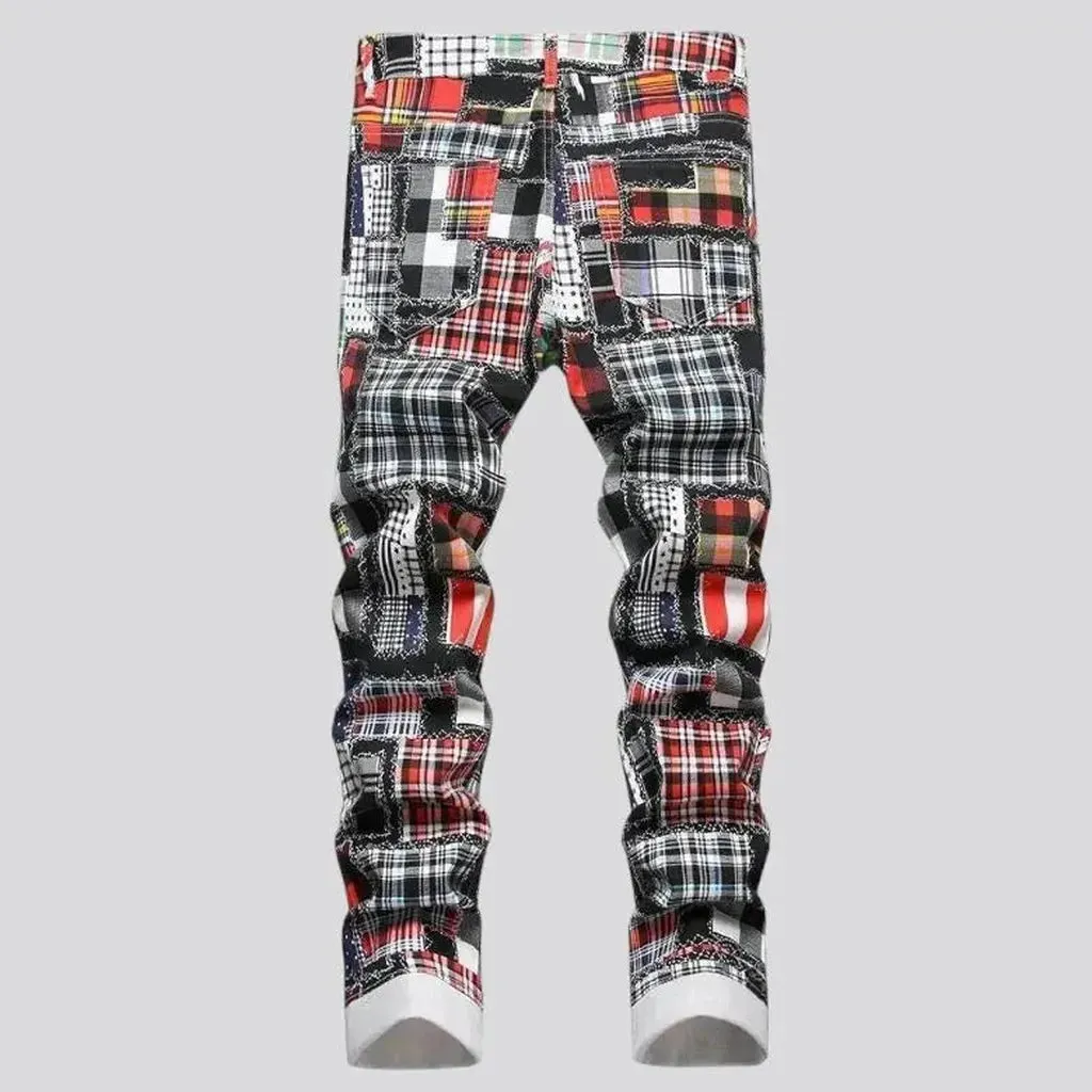 Patchwork-print mid-waist jeans