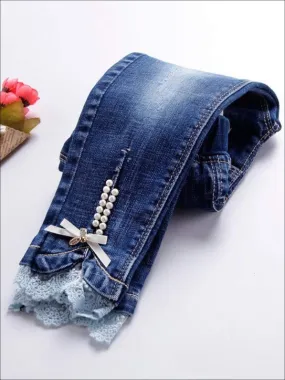 Pearl Embellished Lace Trimmed Skinny Jeans